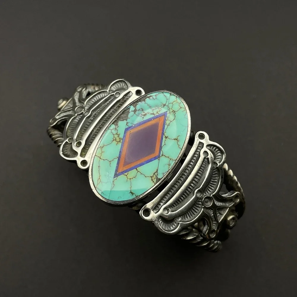 Vintage Navajo Ray Tracey & Knifewing Segura Sterling Silver Inlay Cuff Bracelet - Picture 6 of 16